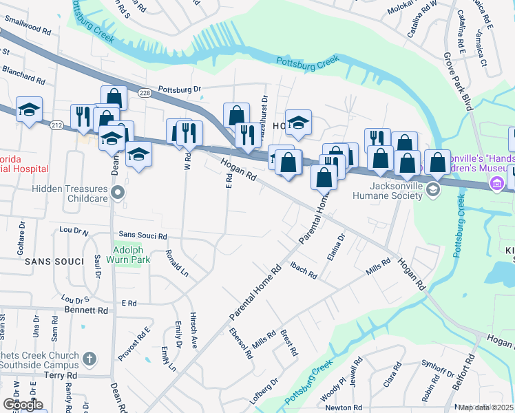map of restaurants, bars, coffee shops, grocery stores, and more near 7400 Hogan Road in Jacksonville