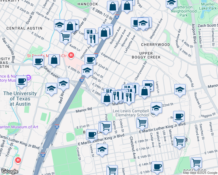 map of restaurants, bars, coffee shops, grocery stores, and more near 2907 Lafayette Avenue in Austin