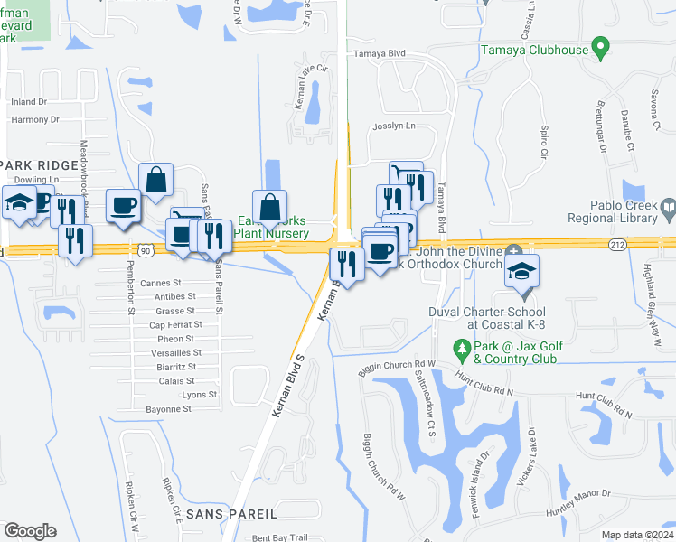 map of restaurants, bars, coffee shops, grocery stores, and more near 3591 Kernan Boulevard in Jacksonville