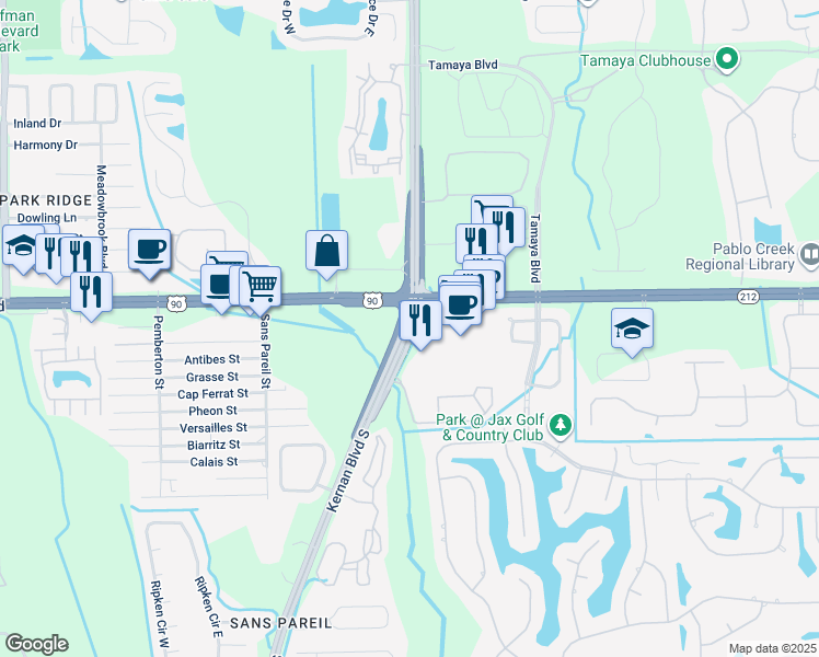 map of restaurants, bars, coffee shops, grocery stores, and more near 3591 Kernan Boulevard South in Jacksonville