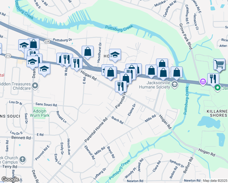 map of restaurants, bars, coffee shops, grocery stores, and more near 7514 Hogan Road in Jacksonville