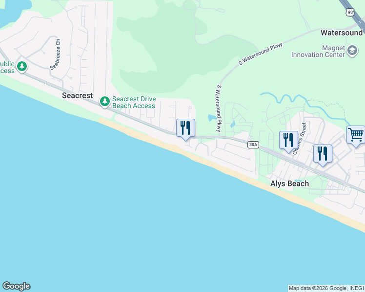 map of restaurants, bars, coffee shops, grocery stores, and more near 87 Green Street in Rosemary Beach