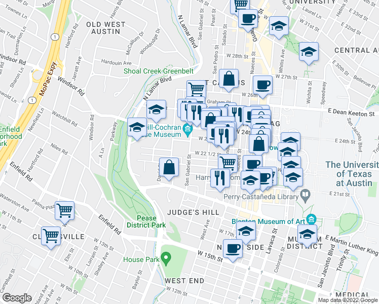 map of restaurants, bars, coffee shops, grocery stores, and more near San Gabriel St & W 22 1/2 St in Austin