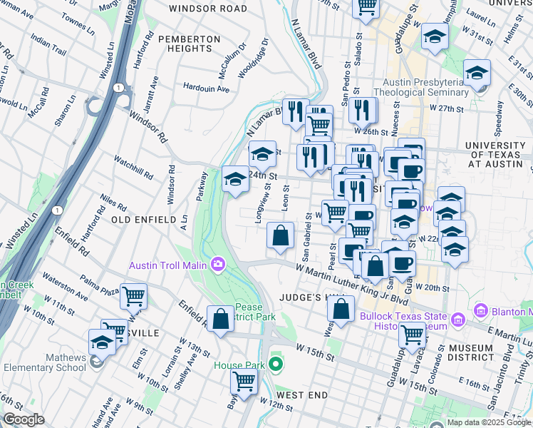 map of restaurants, bars, coffee shops, grocery stores, and more near 1111 West 22 1/2 Street in Austin