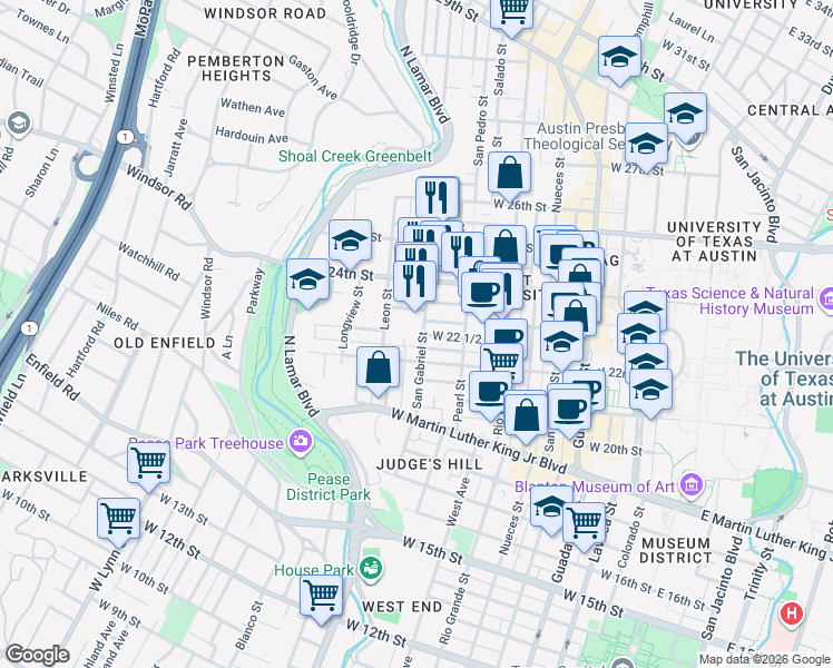 map of restaurants, bars, coffee shops, grocery stores, and more near 25 Leon Street in Austin
