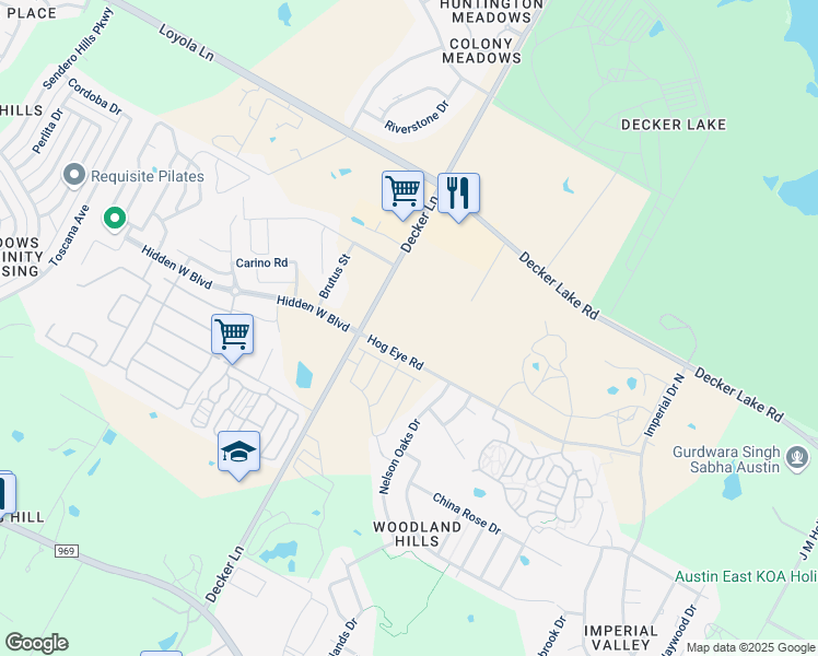 map of restaurants, bars, coffee shops, grocery stores, and more near 6107 Decker Lane in Austin