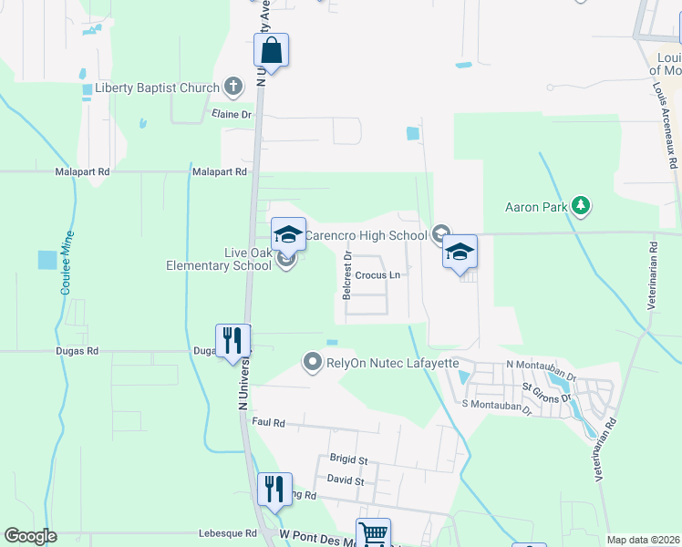 map of restaurants, bars, coffee shops, grocery stores, and more near 206 Belcrest Drive in Lafayette