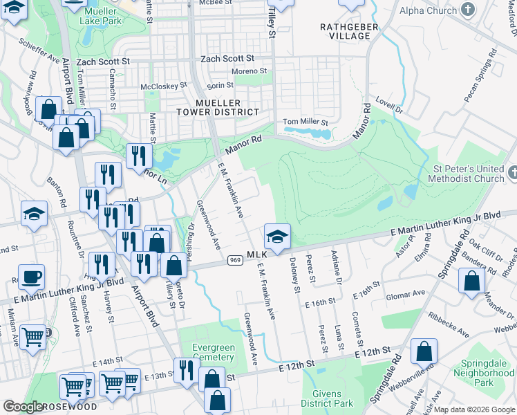 map of restaurants, bars, coffee shops, grocery stores, and more near 2101 E. M. Franklin Avenue in Austin
