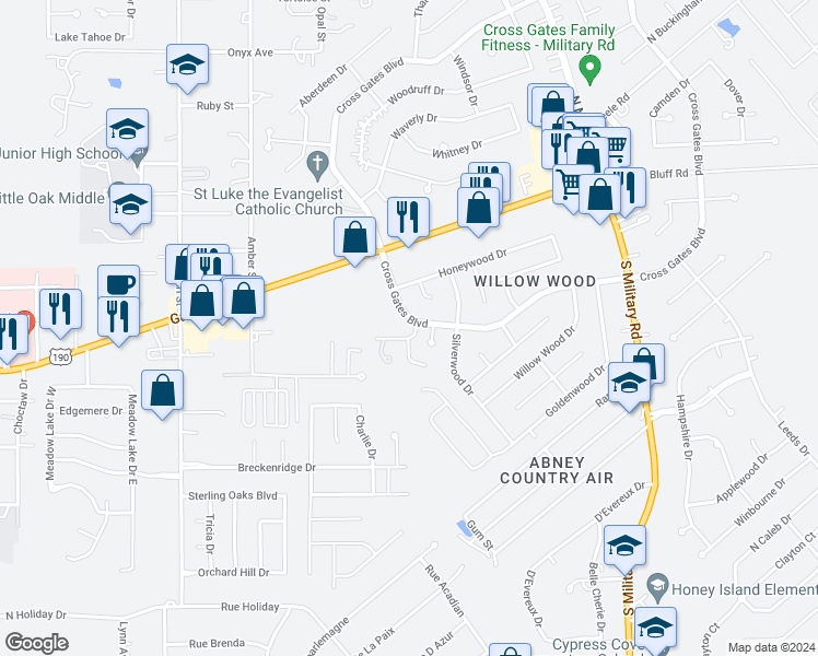 map of restaurants, bars, coffee shops, grocery stores, and more near 218 Cross Gates Boulevard in Slidell