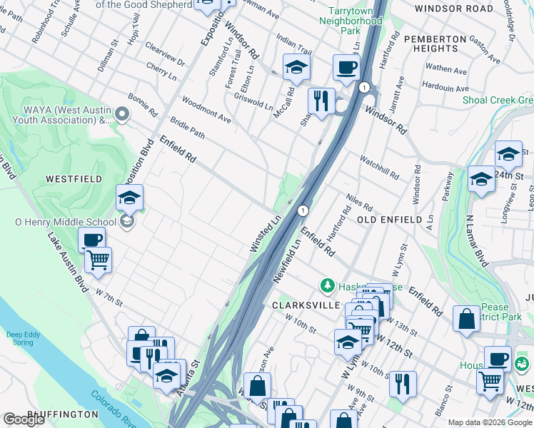 map of restaurants, bars, coffee shops, grocery stores, and more near 2109 Enfield Road in Austin