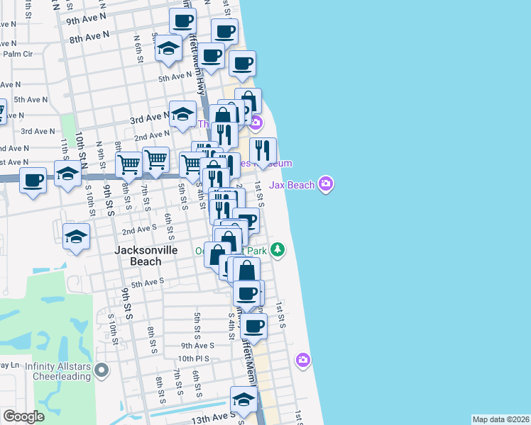 map of restaurants, bars, coffee shops, grocery stores, and more near 205 1st Street South in Jacksonville Beach