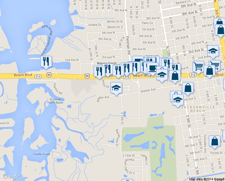 map of restaurants, bars, coffee shops, grocery stores, and more near 71 Jardin De Mer Place in Jacksonville Beach
