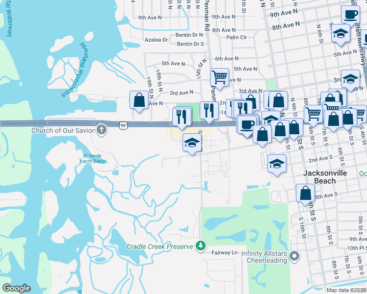 map of restaurants, bars, coffee shops, grocery stores, and more near 71 Jardin De Mer Place in Jacksonville Beach