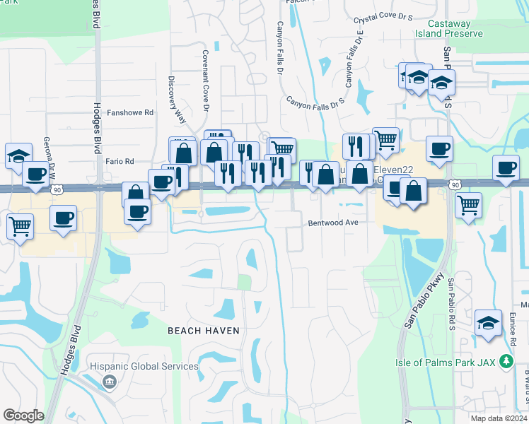 map of restaurants, bars, coffee shops, grocery stores, and more near 14011 Aldridge Road North in Jacksonville Beach