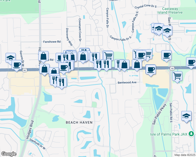 map of restaurants, bars, coffee shops, grocery stores, and more near 13843 Herons Landing Way in Jacksonville