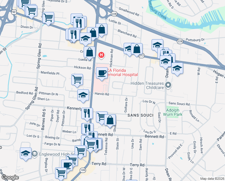 map of restaurants, bars, coffee shops, grocery stores, and more near 2046 Vasari Drive West in Jacksonville
