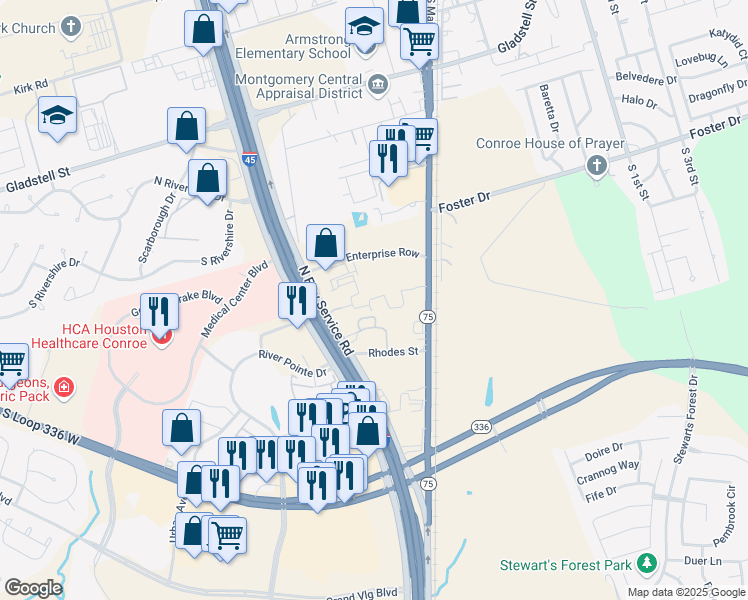 map of restaurants, bars, coffee shops, grocery stores, and more near 1400 South Frazier Street in Conroe