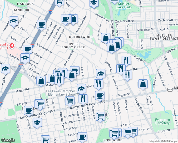 map of restaurants, bars, coffee shops, grocery stores, and more near 3310 Randolph Road in Austin