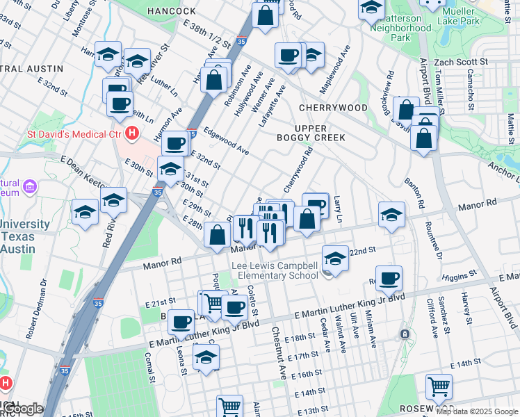 map of restaurants, bars, coffee shops, grocery stores, and more near 3104 Cherrywood Road in Austin