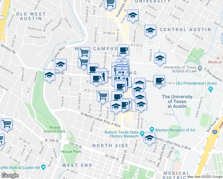 map of restaurants, bars, coffee shops, grocery stores, and more near 2305 Nueces Street in Austin