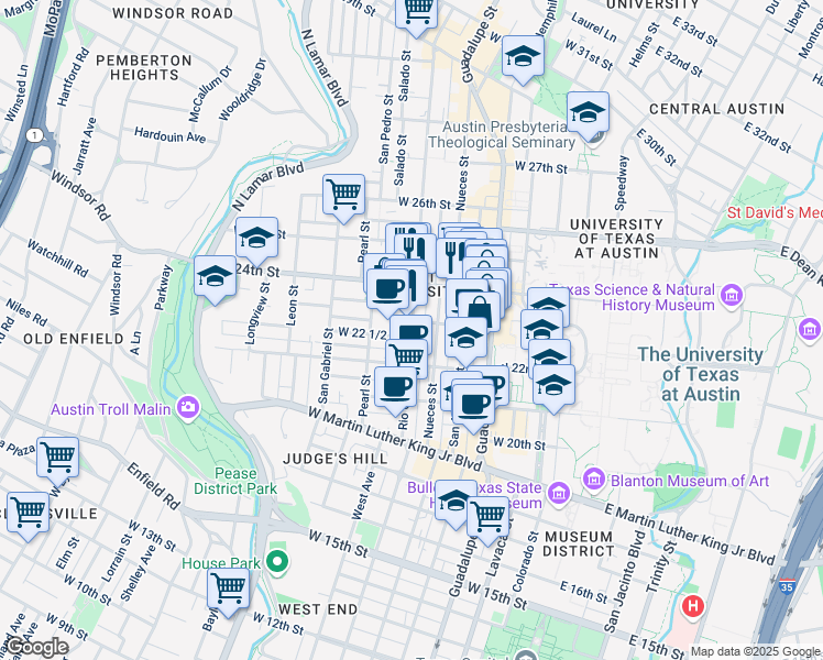 map of restaurants, bars, coffee shops, grocery stores, and more near 2222 1/2 Rio Grande Street in Austin