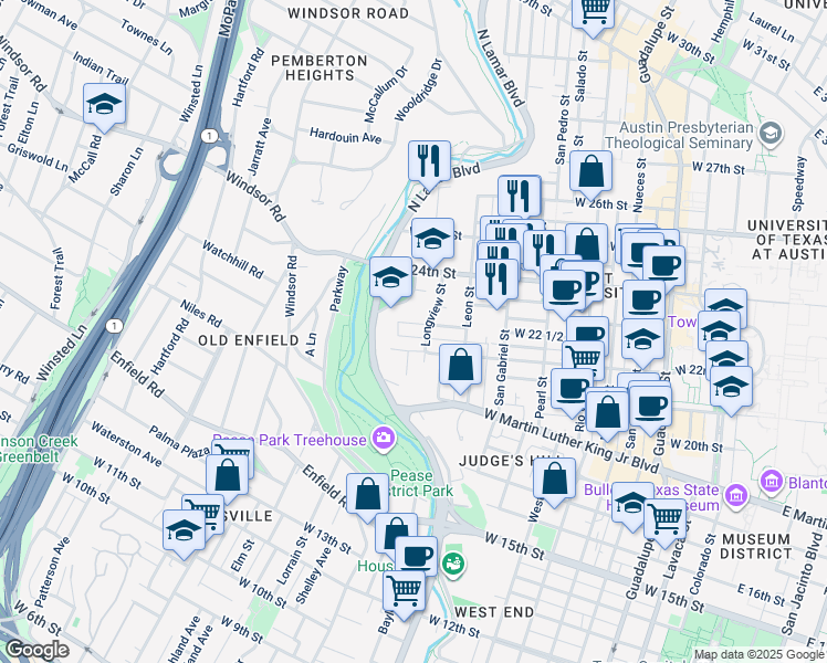 map of restaurants, bars, coffee shops, grocery stores, and more near 1211 West 22 1/2 Street in Austin