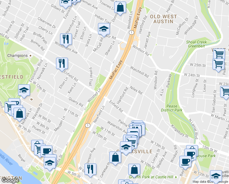 map of restaurants, bars, coffee shops, grocery stores, and more near 1607 Newfield Lane in Austin