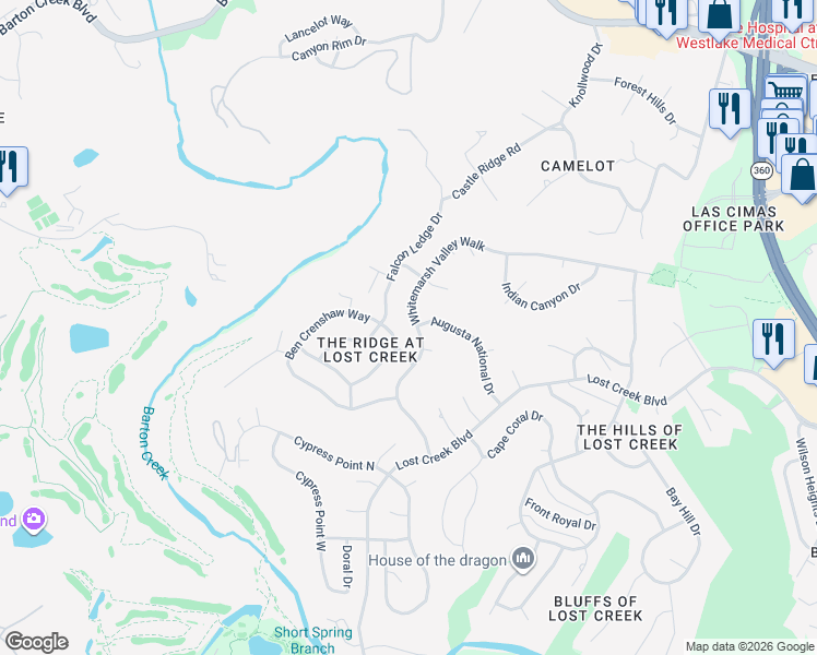 map of restaurants, bars, coffee shops, grocery stores, and more near 6525 Whitemarsh Valley Walk in Austin
