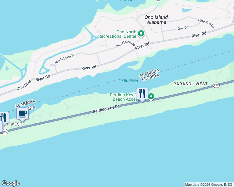 map of restaurants, bars, coffee shops, grocery stores, and more near 16685 Perdido Key Drive in Pensacola