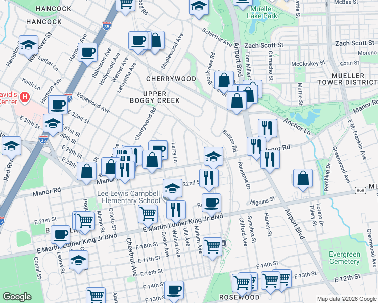 map of restaurants, bars, coffee shops, grocery stores, and more near 3310 Randolph Road in Austin