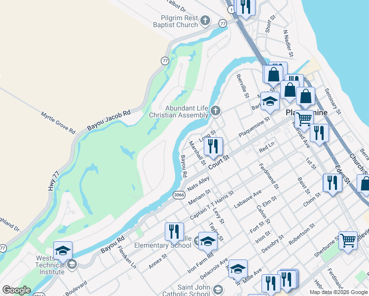 map of restaurants, bars, coffee shops, grocery stores, and more near 58430 Long Street in Plaquemine