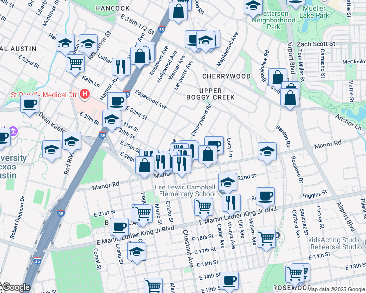 map of restaurants, bars, coffee shops, grocery stores, and more near 3104 Cherrywood Road in Austin