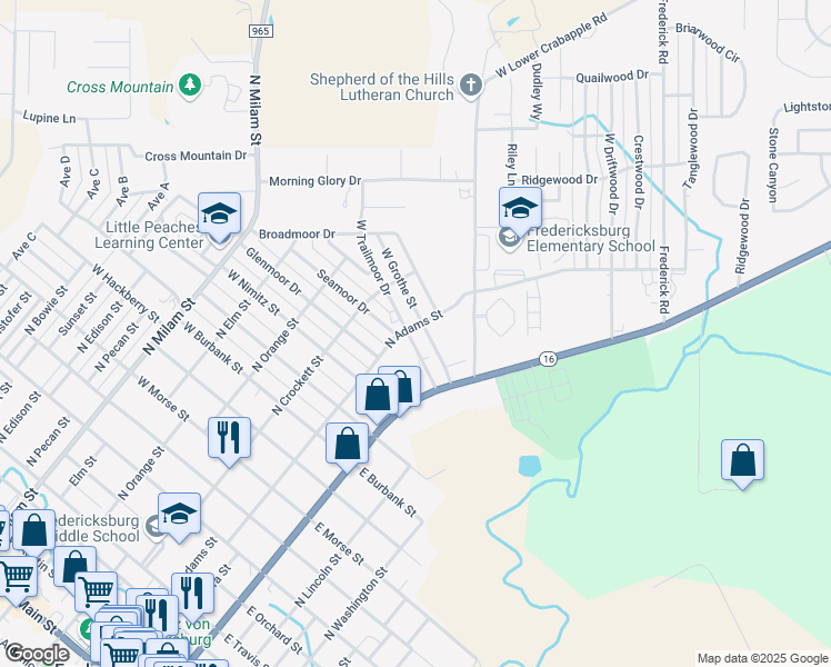 map of restaurants, bars, coffee shops, grocery stores, and more near 108 East Trailmoor Drive in Fredericksburg