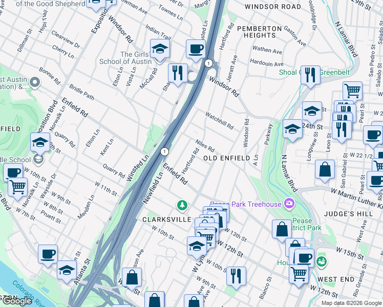 map of restaurants, bars, coffee shops, grocery stores, and more near 1700 Hartford Road in Austin
