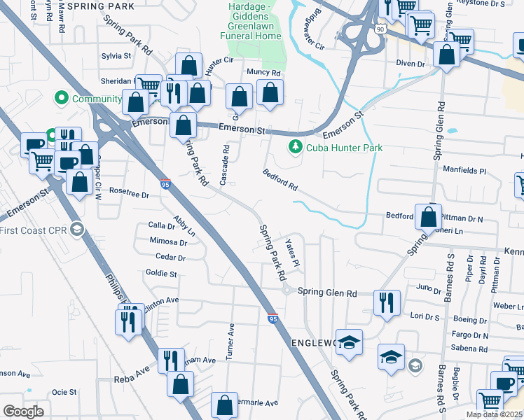 map of restaurants, bars, coffee shops, grocery stores, and more near 3937 Spring Park Road in Jacksonville