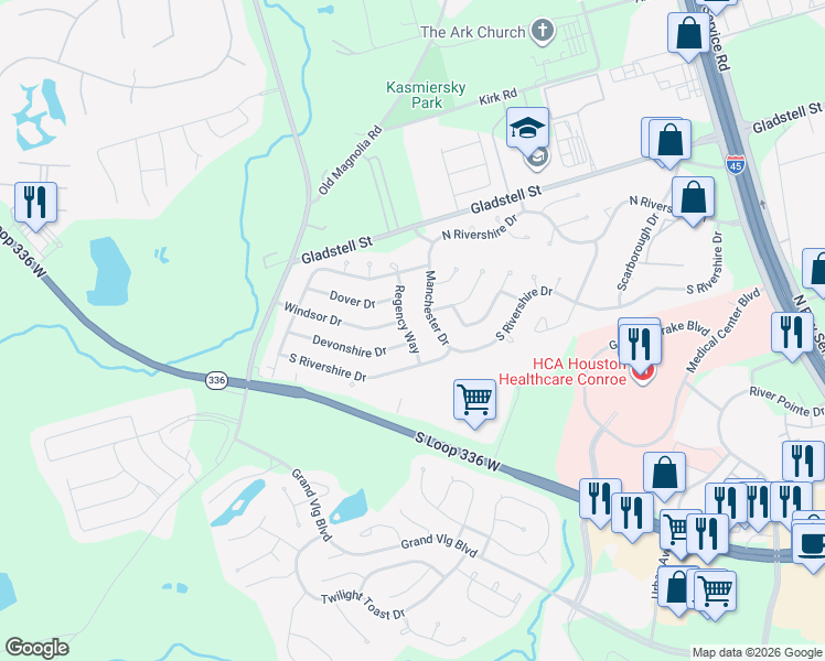 map of restaurants, bars, coffee shops, grocery stores, and more near 112 Regency Way in Conroe