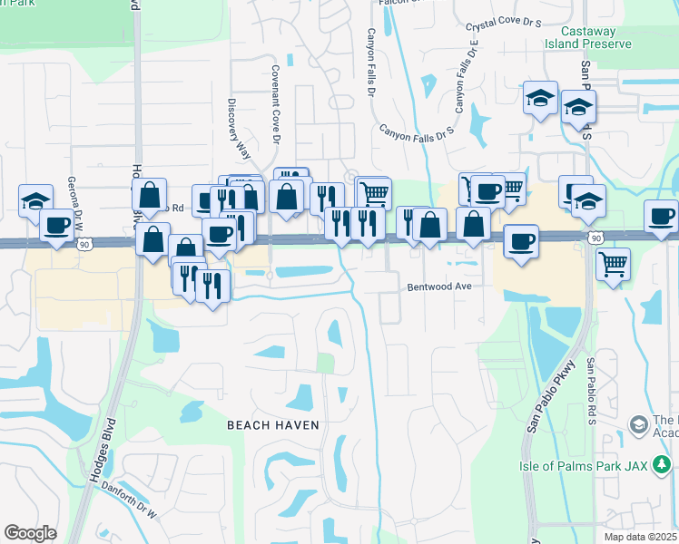 map of restaurants, bars, coffee shops, grocery stores, and more near 13851 Herons Landing Way in Jacksonville