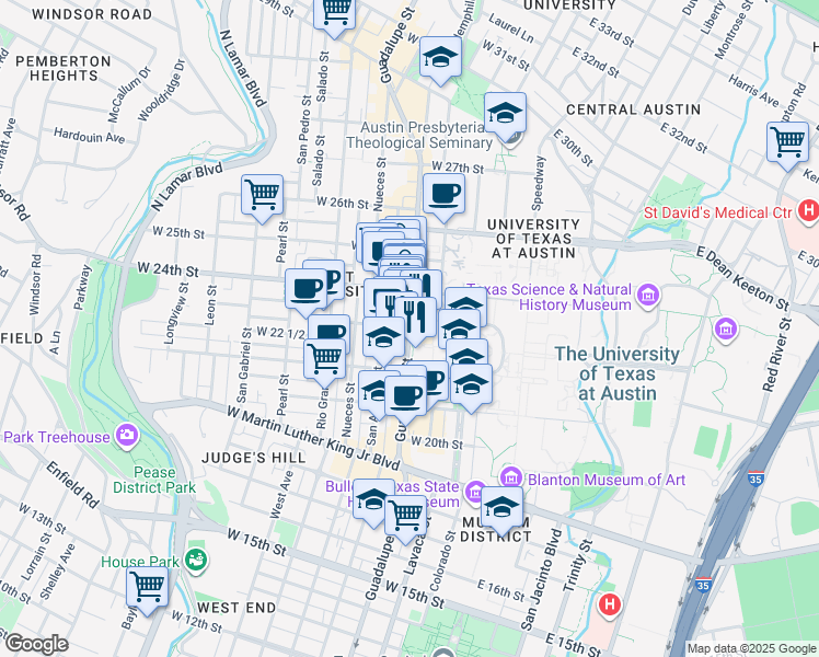 map of restaurants, bars, coffee shops, grocery stores, and more near Guadalupe Street in Austin