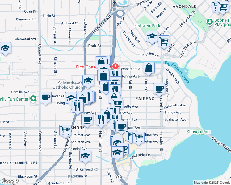 map of restaurants, bars, coffee shops, grocery stores, and more near 4265 Roosevelt Boulevard in Jacksonville