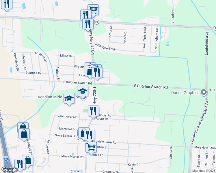map of restaurants, bars, coffee shops, grocery stores, and more near 726-798 East Butcher Switch Road in Lafayette