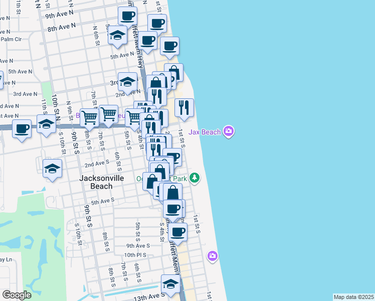 map of restaurants, bars, coffee shops, grocery stores, and more near 205 1st Street South in Jacksonville Beach