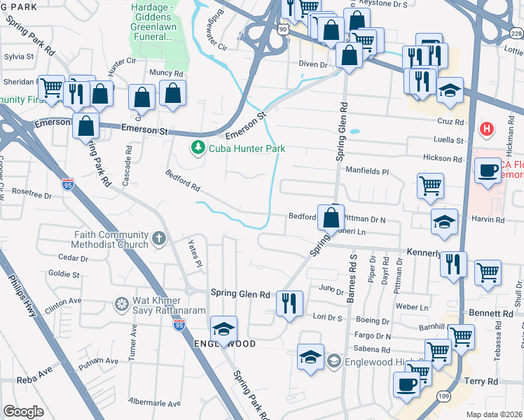 map of restaurants, bars, coffee shops, grocery stores, and more near 4749 Bedford Road in Jacksonville