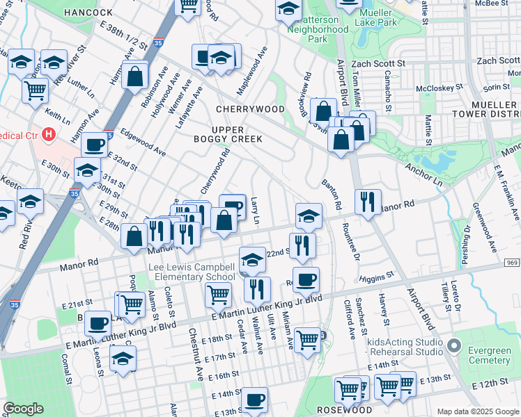 map of restaurants, bars, coffee shops, grocery stores, and more near 3213 Larry Lane in Austin