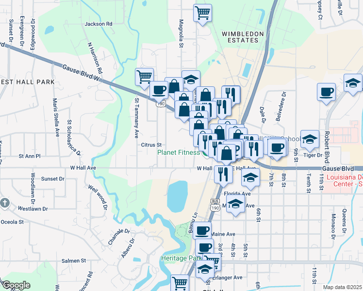 map of restaurants, bars, coffee shops, grocery stores, and more near 1250 Magnolia Street in Slidell