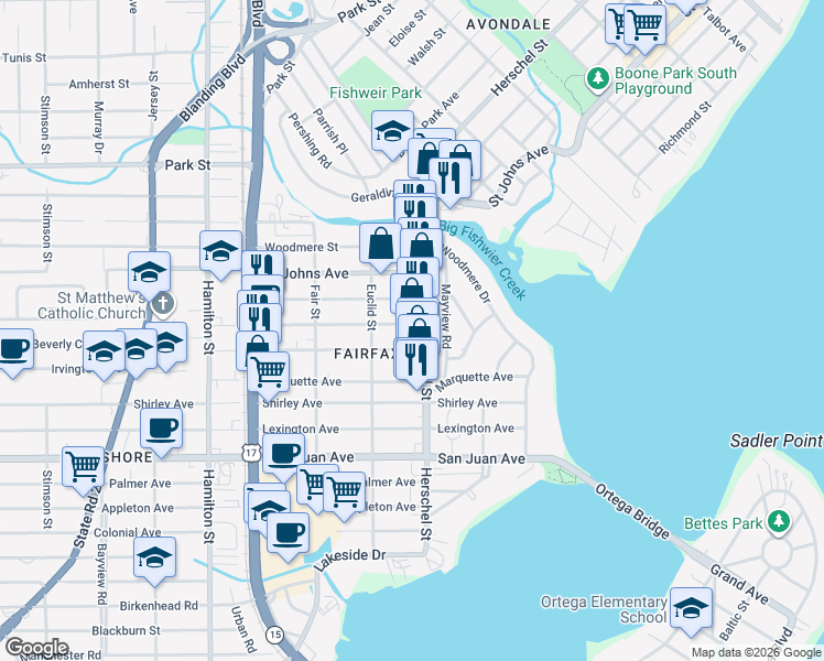 map of restaurants, bars, coffee shops, grocery stores, and more near 4212 Beverly Avenue in Jacksonville
