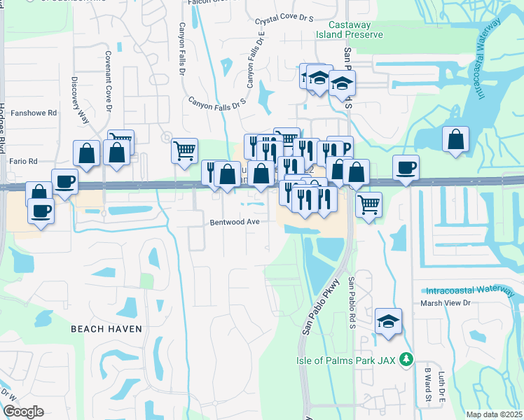map of restaurants, bars, coffee shops, grocery stores, and more near 14173 Washburn Court in Jacksonville