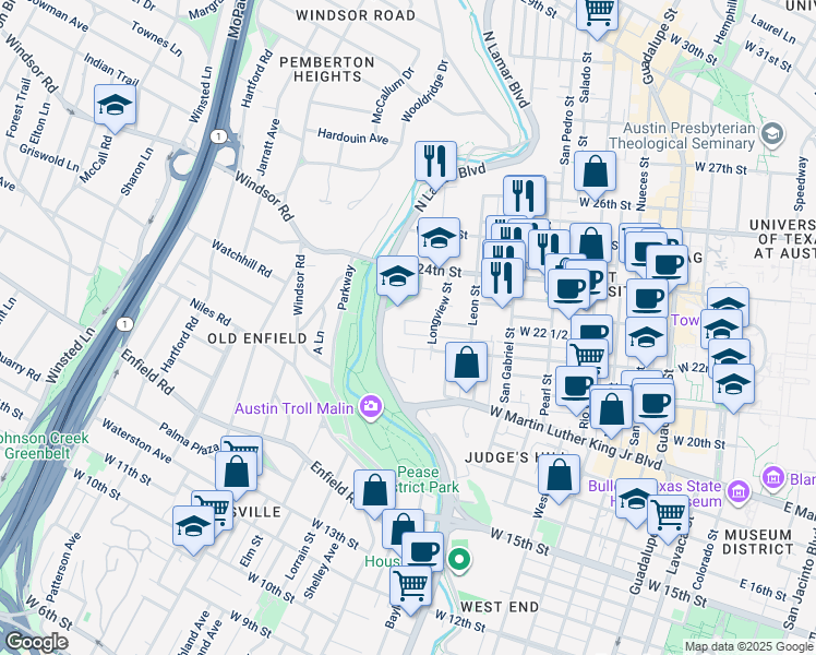 map of restaurants, bars, coffee shops, grocery stores, and more near 1211 West 22 1/2 Street in Austin