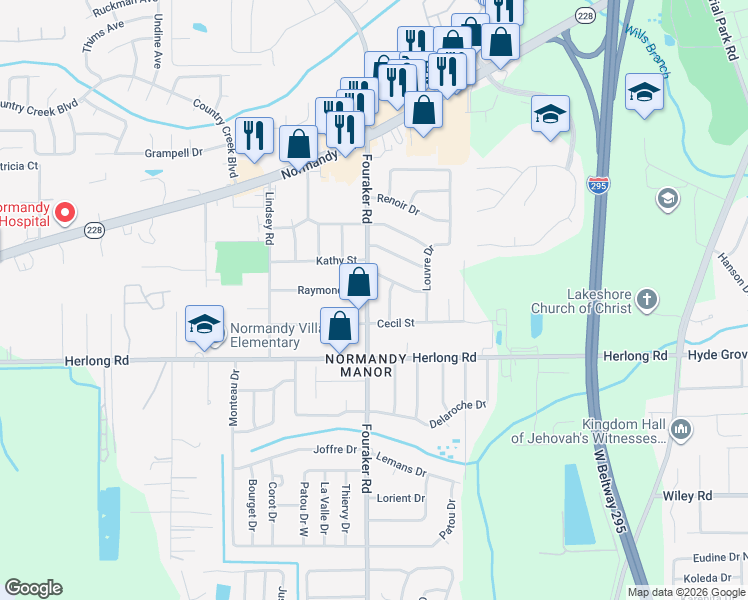 map of restaurants, bars, coffee shops, grocery stores, and more near 1811 Fouraker Road in Jacksonville