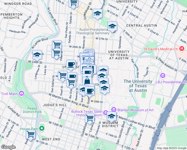 map of restaurants, bars, coffee shops, grocery stores, and more near 2247 Guadalupe Street in Austin