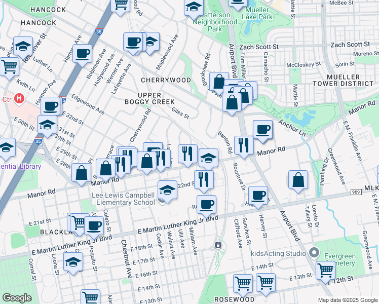map of restaurants, bars, coffee shops, grocery stores, and more near 3310 Randolph Road in Austin